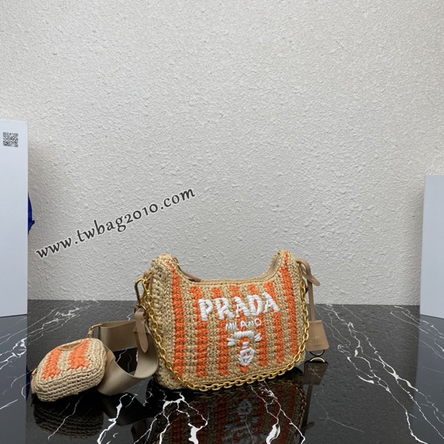 Prada專櫃新款拉菲草三合一女包 1BH204 普拉達純手工編織條紋系列肩背斜挎包 csp1571